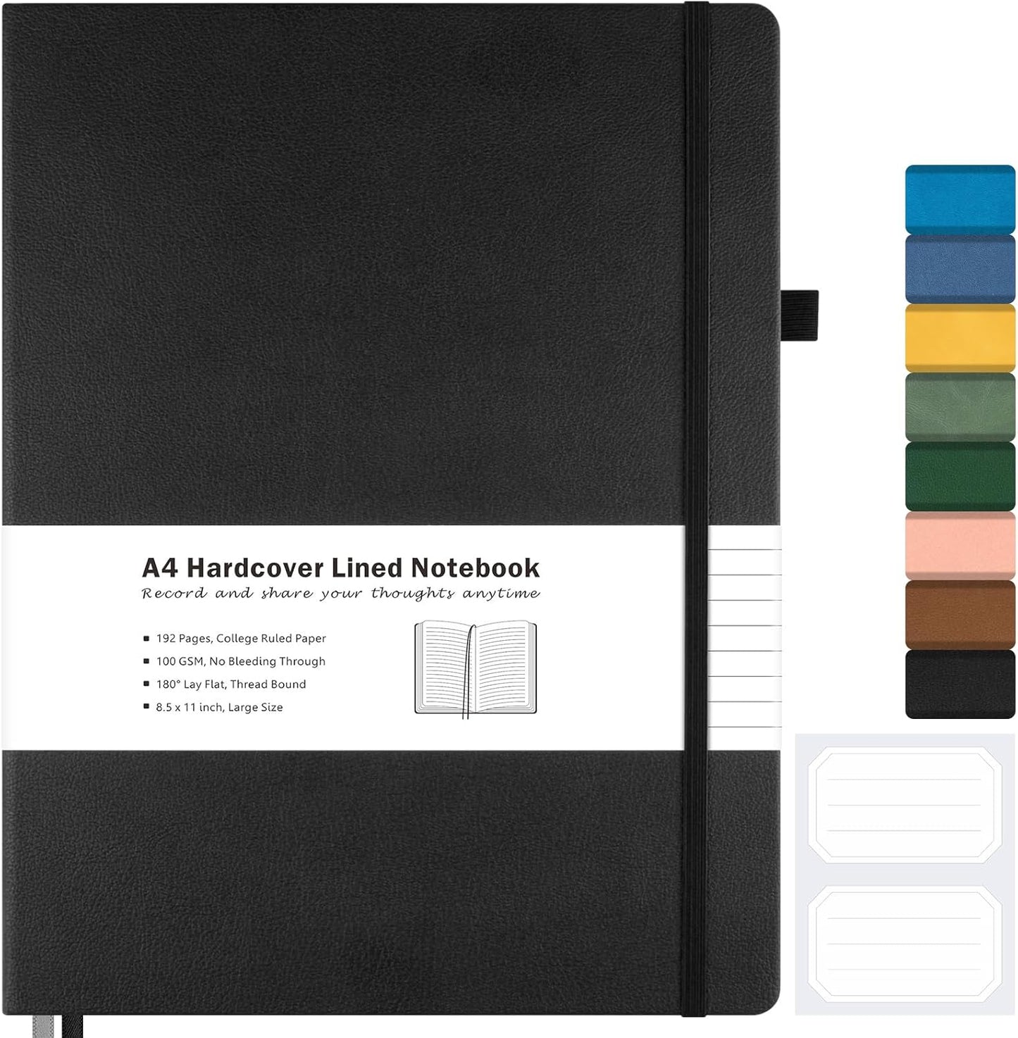 College Ruled Notebook, A4 Hardcover Leather Notebook for Work, Lined Notebook Journal for Women, Men, 192 Thick Paper, Lay Flat, Large Notebook with 2 Pockets, Professional Business Notebook, Black