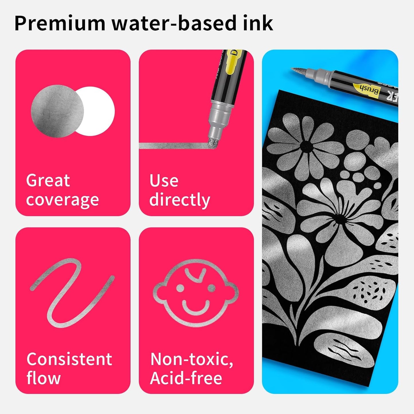 NAWOD 3 Silver Acrylic Paint Pens Markers, Dual Tip (Dot + Brush Tip), for Rock Painting Fabric Canvas Glass Wood Ceramic Paper Eggs, Fabric Marker Ideal for Labeling DIY Crafts Art Projects