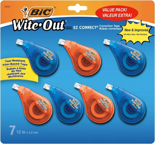 BIC White Out Tape- Tear Resistant, Clear Dispenser EZ Correct Correction Tape - 39.3 Feet Each - Pack of 7