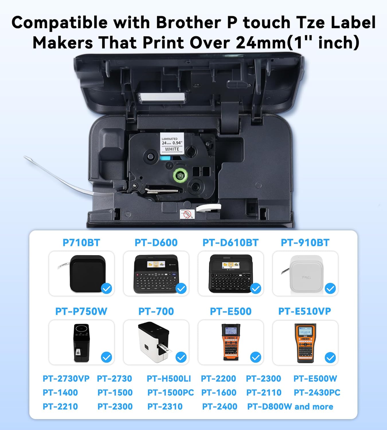 Compatible with P Touch TZe TZ 24mm 0.94'' Laminated Tape Compatible for Brother Label Maker Tape 1 inch PT-D600, PT-D610BT, PTP750W, PT-P710BT, Black on White/Yellow/Red/Green/Blue, 5-Pack