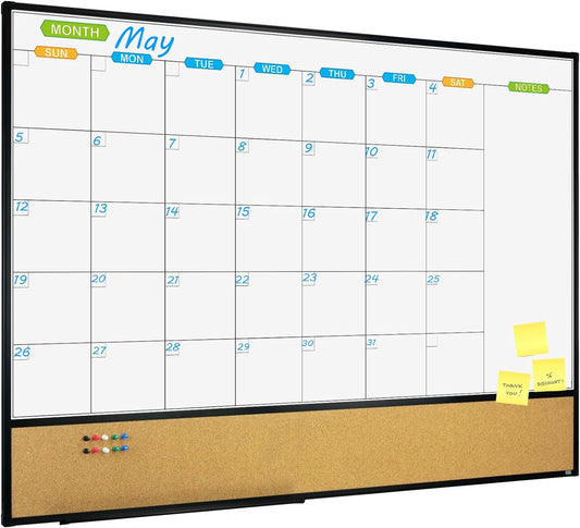 JILoffice Magnetic Calendar Whiteboard & Bulletin Corkboard Combination, Combo Board 48 x 36 Inch, Black Aluminum Frame Wall Mounted Board for Office Home and School with 10 Push Pins