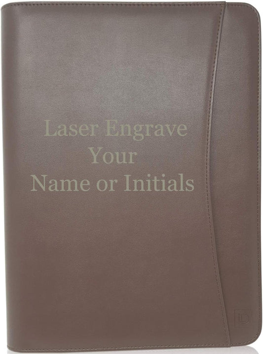 Customized Dark Brown Zippered Portfolio Binder - Engraved PU Leather Business Portfolio Organizer - Padfolio for Men & Women with US Letter Notepad, 10.5" Tablet Pocket & Gift Box by Lautus Designs