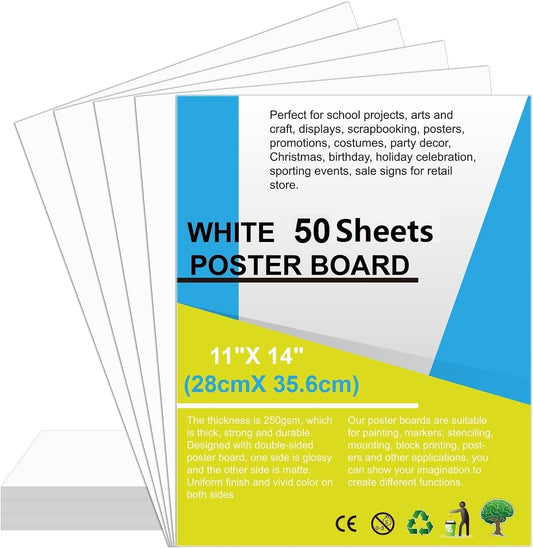 50 Pcs Poster Board 11" x 14" White Paper Bulk ROOKEA 250GSM Vision Boards Poster Paper for School Arts Craft Projects Drawing Display Office Vision Supplies