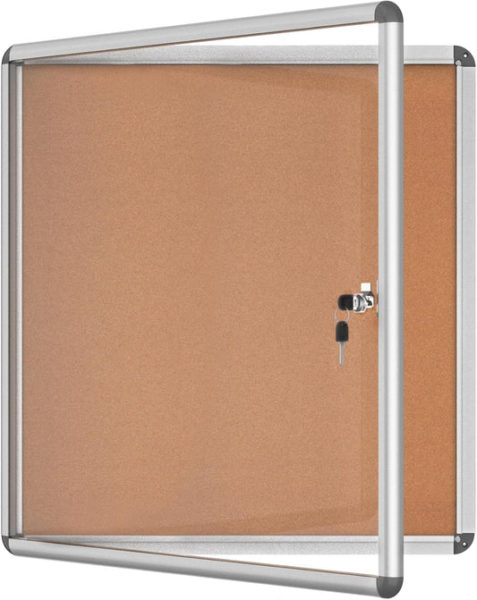 28"x26" Enclosed Bulletin Board, Lockable Weather-Resistant Aluminum Cork Noticeboard for School & Office, Silver Frame w/Cork
