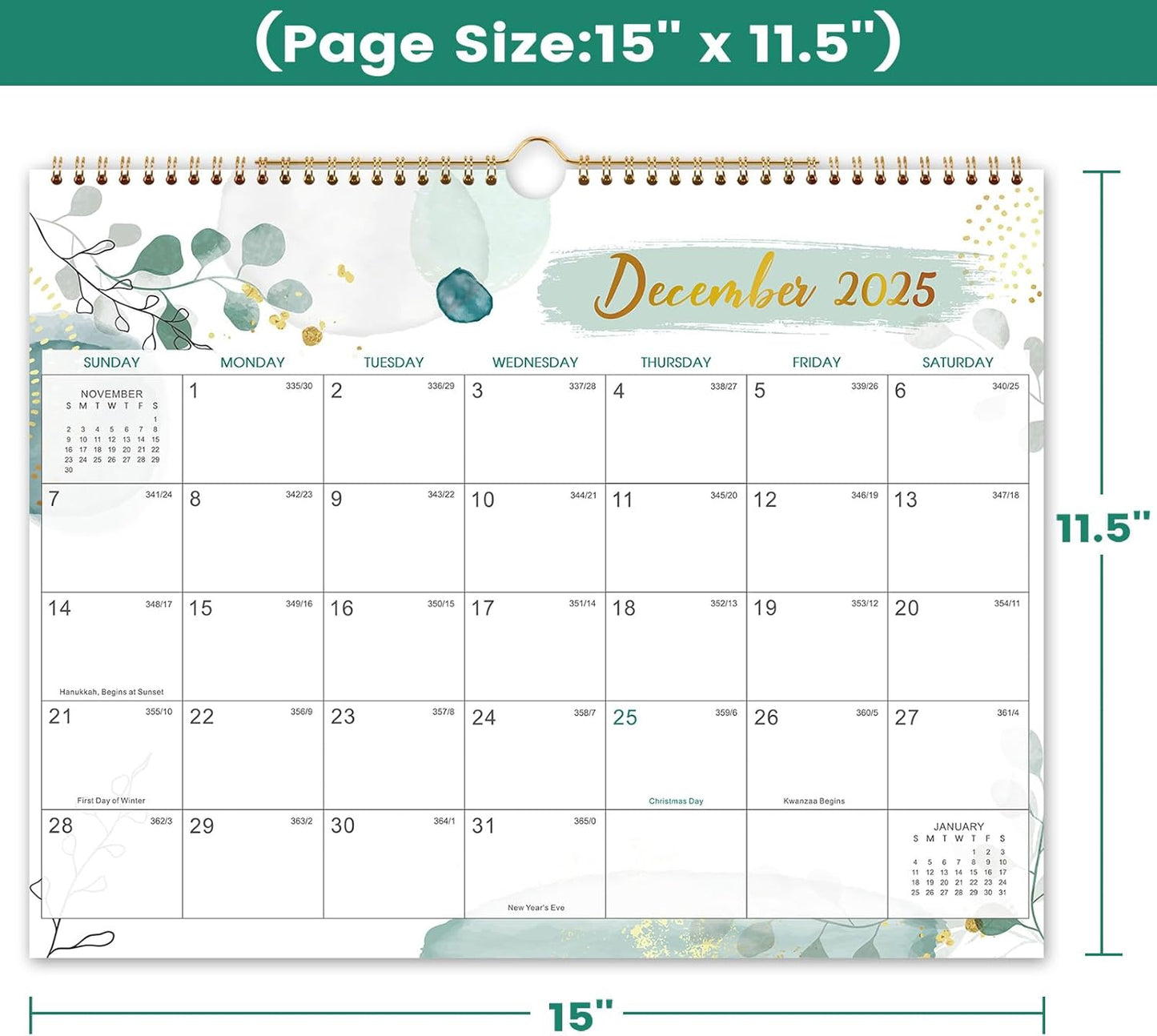 Wall Calendar 2025-2026 – Calendar 2025-2026, 11.5 x 15 In, July 2025 - December 2026, 18 Monthly Calendar, Large Block with Julian Dates, Thick Paper, Holidays, Hanging Hook, Twin-wire Binding