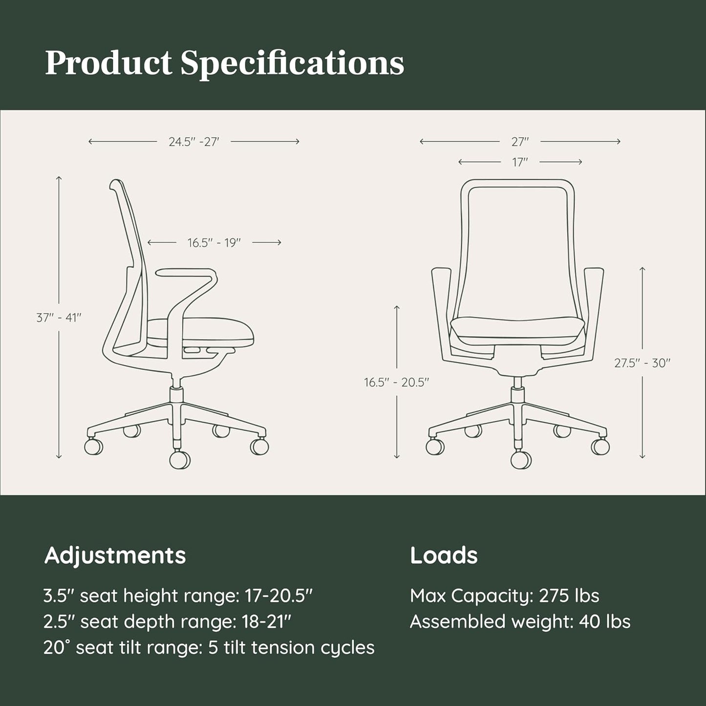 Branch Verve Chair - High Performance Executive Office Chair with Contoured Seat Back and Adjustable Lumbar Rest - High Density Foam Cushion with Aluminum Base - Up to 275 lbs - Mint