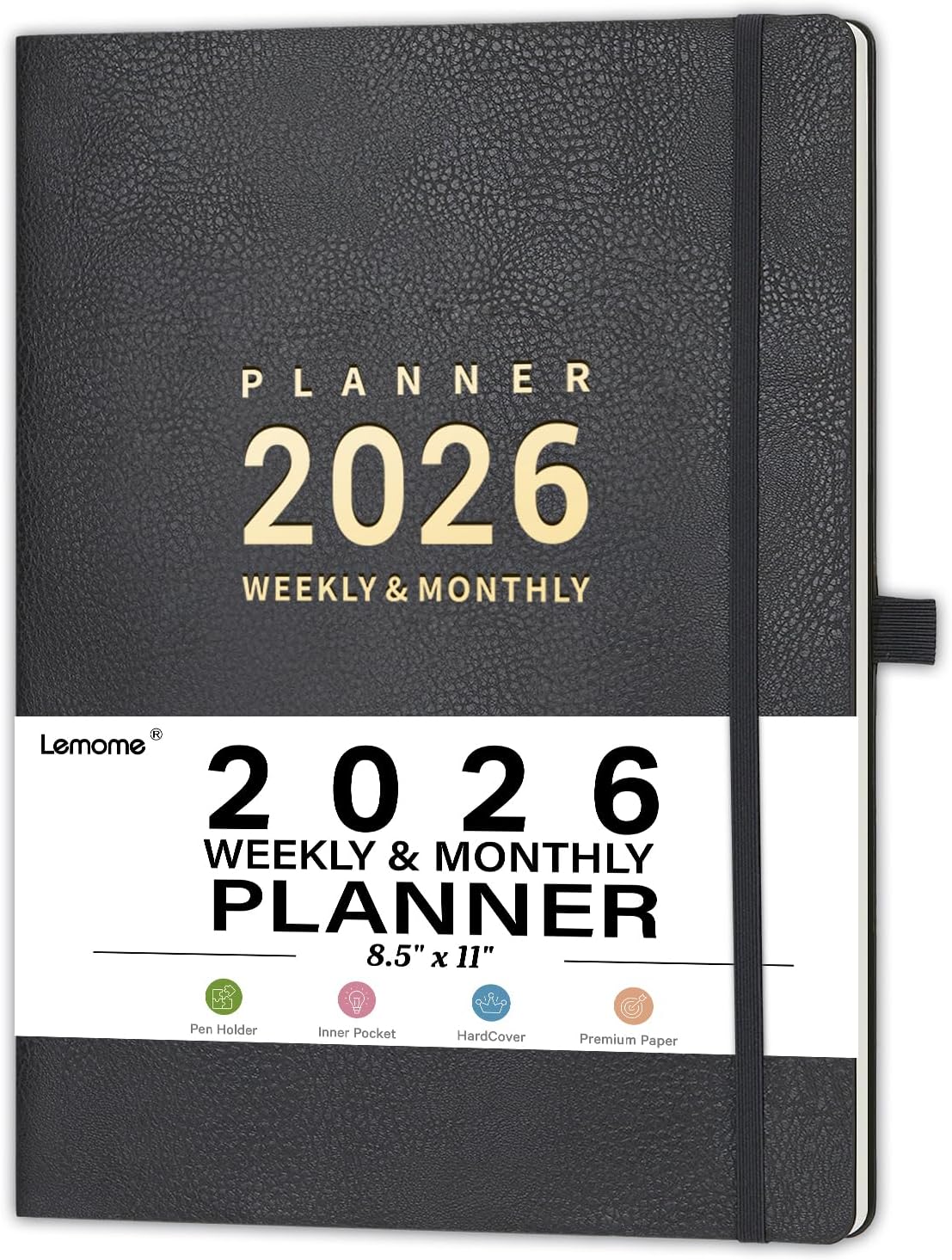 2026 Planner - 2026 Planner Weekly and Monthly, January 2026 - December 2026, 8.5" x 11", Pen Holder, Calendar Stickers, Pocket, 25 Notes Pages, Faux Leather Cover, A4 Premium Paper - Gray