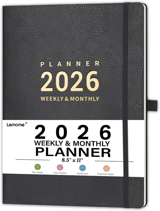 2026 Planner - 2026 Planner Weekly and Monthly, January 2026 - December 2026, 8.5" x 11", Pen Holder, Calendar Stickers, Pocket, 25 Notes Pages, Faux Leather Cover, A4 Premium Paper - Gray