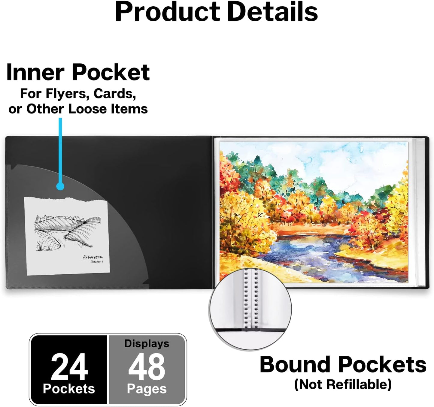 Dunwell Landscape 9x12 Presentation Book, (Black, Horizontal), 24-Pocket Binder with Plastic Sleeves, Displays 48 Pages 9 x 12 or A4 Certificates, Keepsakes, Kids Art, Acid-Free Poly Portfolio Binder