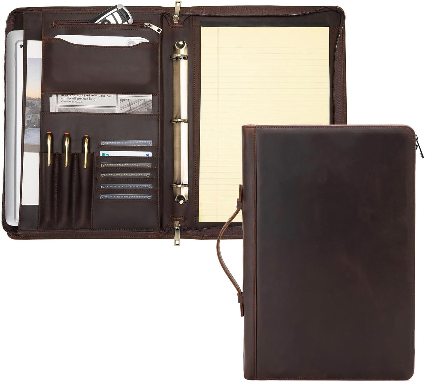 Genuine Leather 3 Ring Binder Portfolio, 8.5 x 14 Legal Size Pad Holder, Hidden Handle, Zippered Padfolio with 15” Laptop Organizer, Professional Business Folio for Men Women, Dark Brown