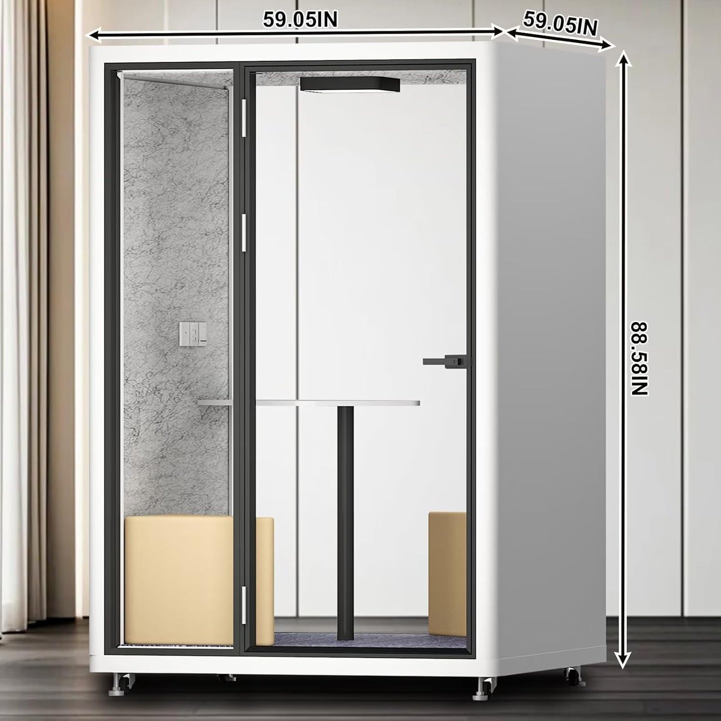 Office Sound Booth with Audio Privacy - Portable Soundproof Booth with White Modern Style,Movable Room with Light,Ventilation,Socket for Game,Private Chat Room,Independent Office(59.05IN)