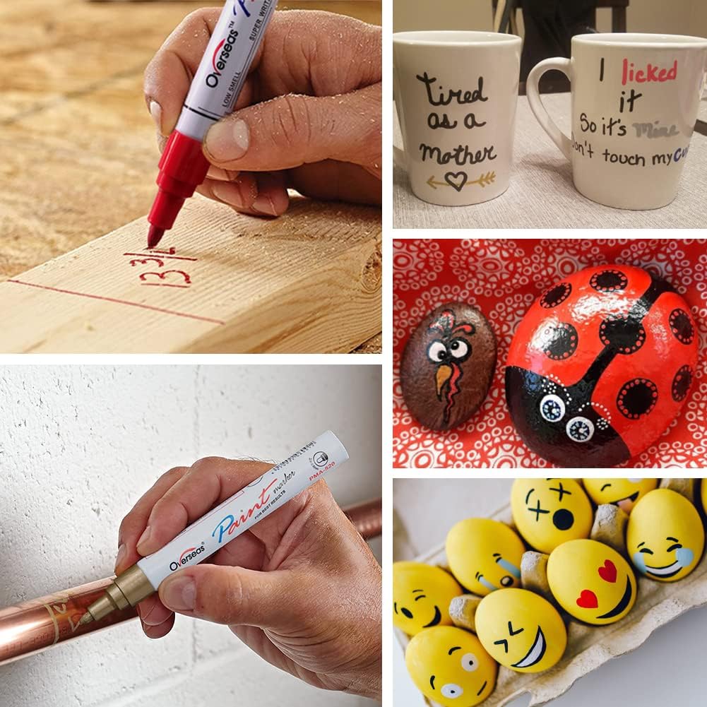 Overseas Permanent Paint Markers Pens - 3 Pack Red Oil Based Paint Pens, Medium Tip, Quick Drying and Waterproof Marker Pen for Metal, Rock, Wood, Fabric, Plastic, Canvas, Mugs, Stone, Glass