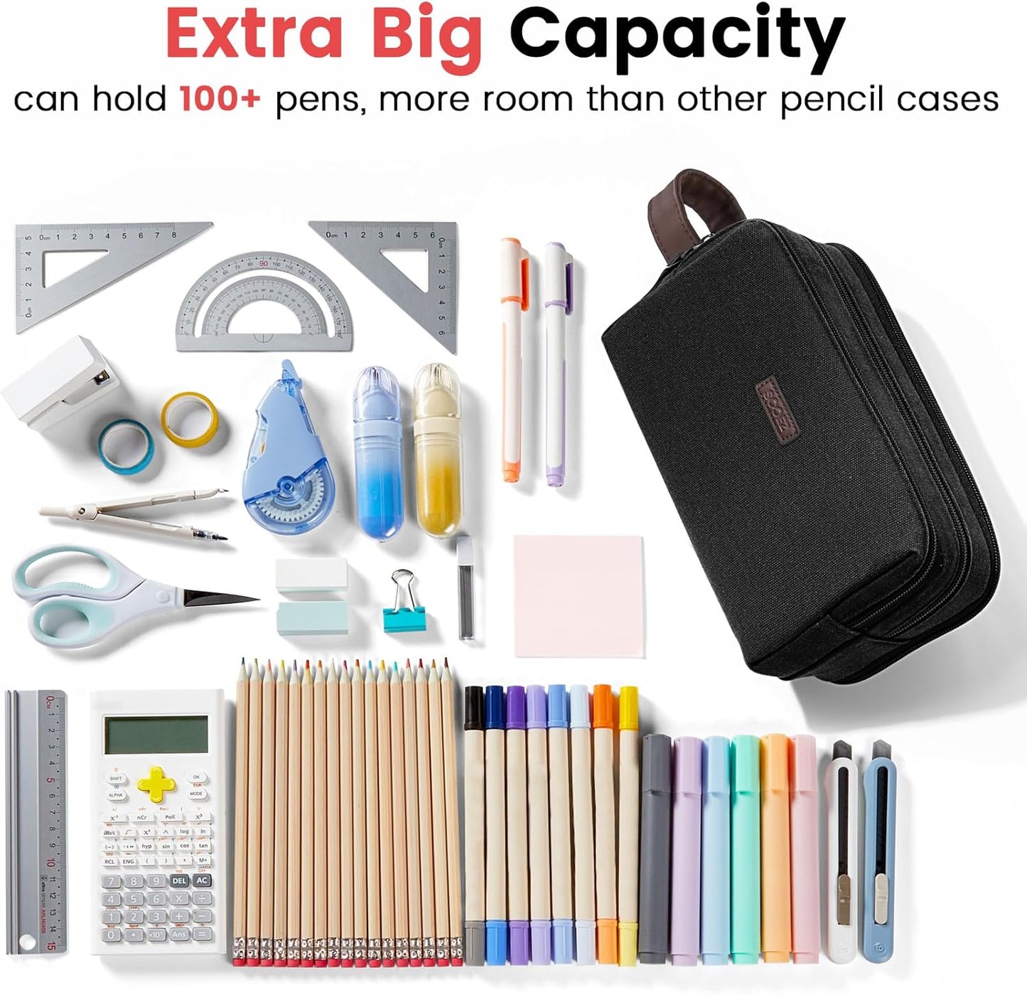 Sooez Large Pencil Case Pouch, Extra Big Pencil Pouch Pencil Bag with PU Handle & Zipper, Sturdy Pen Case with 3 Compartments, Aesthetic School College Supplies Organizer for Men Women Boys, Pink