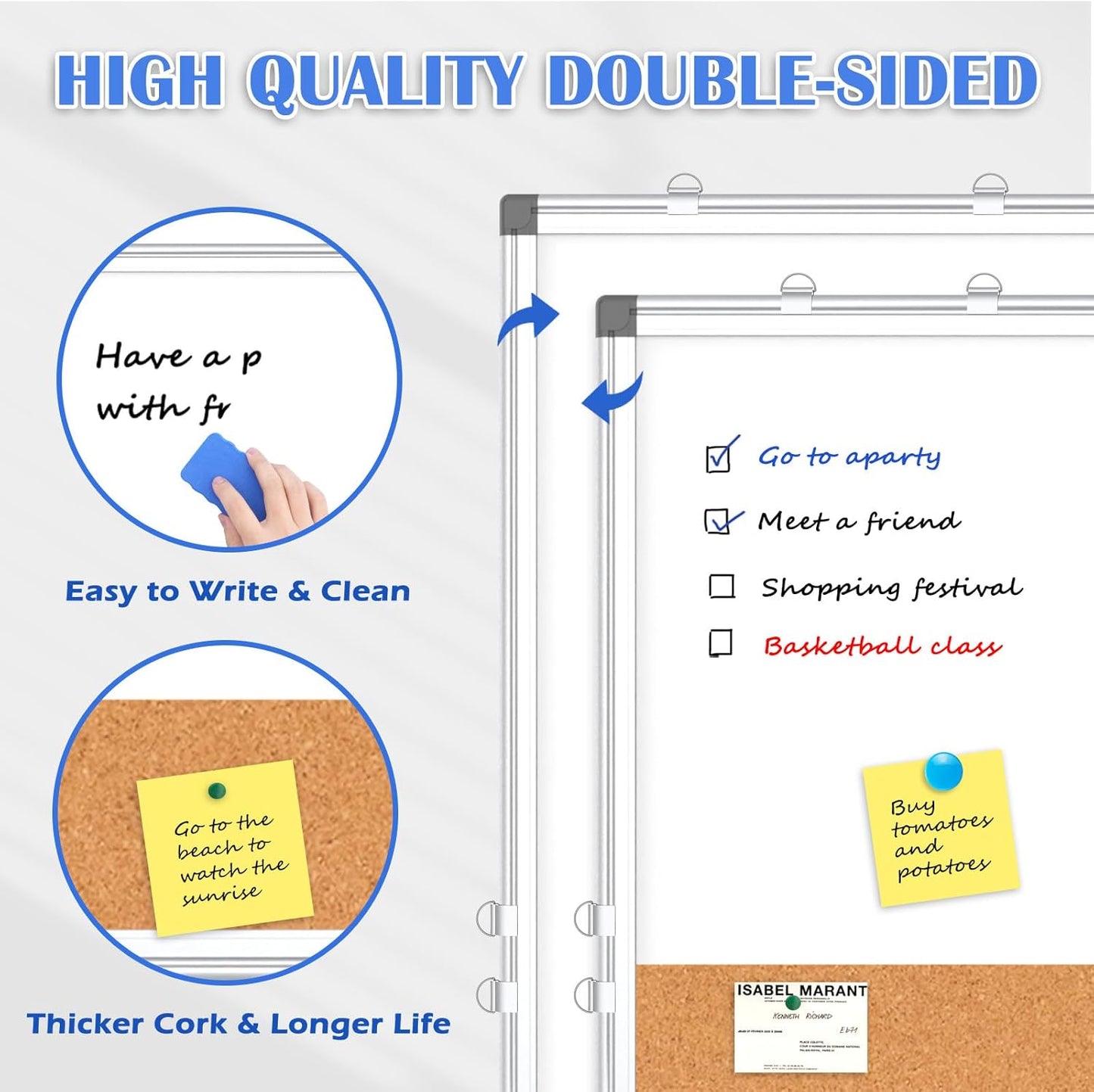 Double-Sided Whiteboard Cork Board Combo for Wall, WALGLASS 24" x 18" Dry Erase White Board Corkboard Combination, Hanging Wall Mount Bulletin Board with Aluminum Frame for Office, Home, School