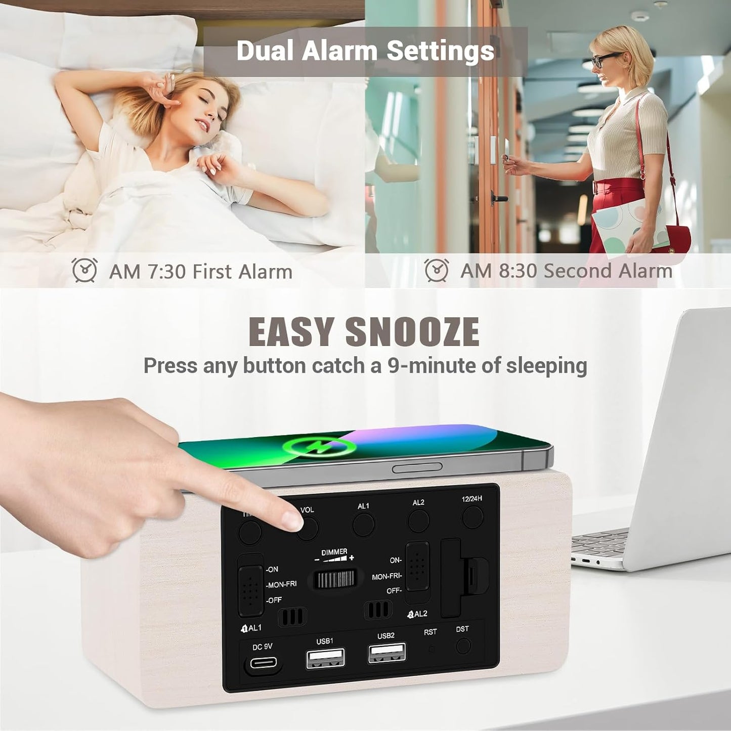 Wooden Digital Alarm Clock, 10W Fast Wireless Charger Station & 2 USB Charging Ports, with 0~99% Dimmer, Dual Alarm, Weekday/Weekend Mode, Wood LED Clock for Bedroom, Desk, Office