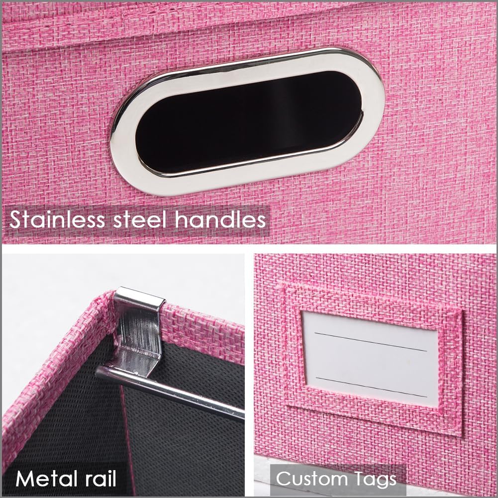 PRANDOM File Organizer Box - Set of 4 Collapsible Decorative Linen Filing Storage Hanging File Folders with Lids Office Cabinet Letter/Legal Size Pink 17.1x14x11.1 inch