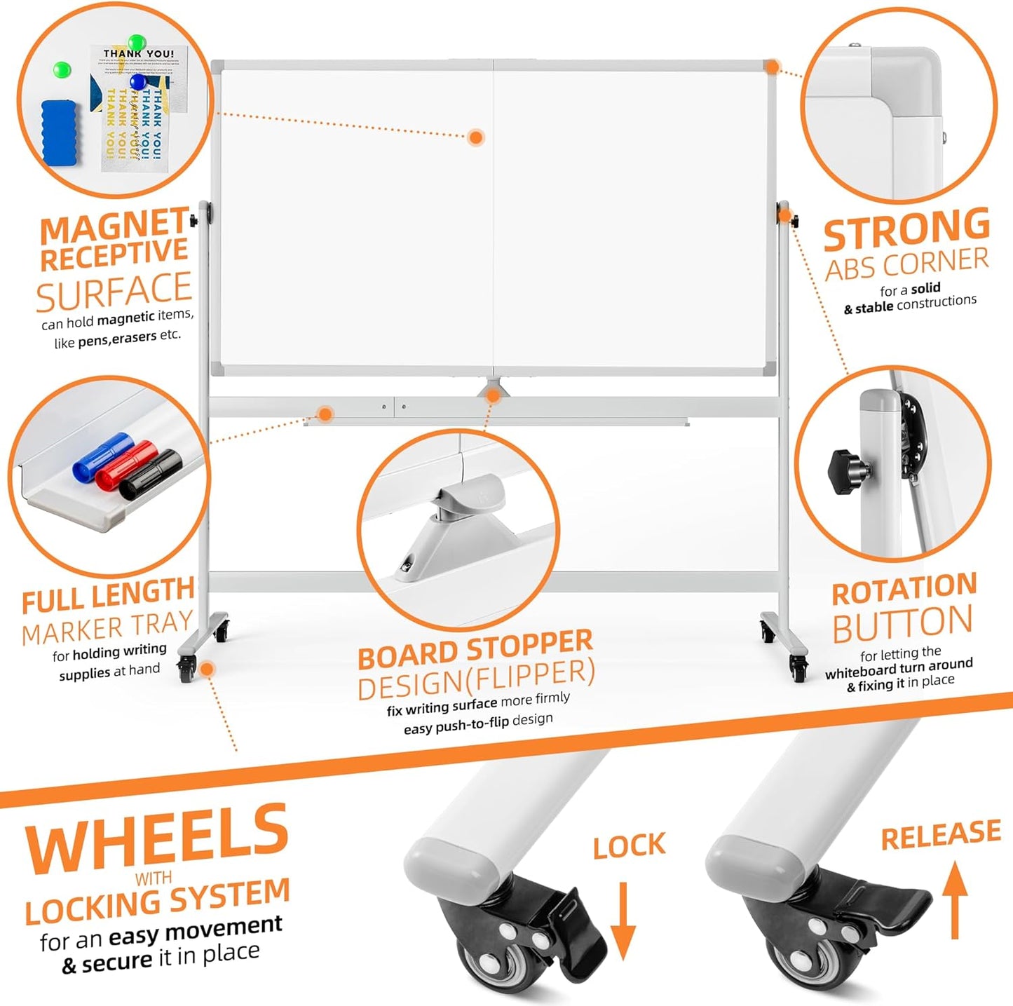 Rolling Whiteboard, 40"x72" White Board with Stands Movable Dry Erase Board on Wheels, Large Double Sided Standing Whiteboard for Office School Classroom Presentation Supplies, Pearl White