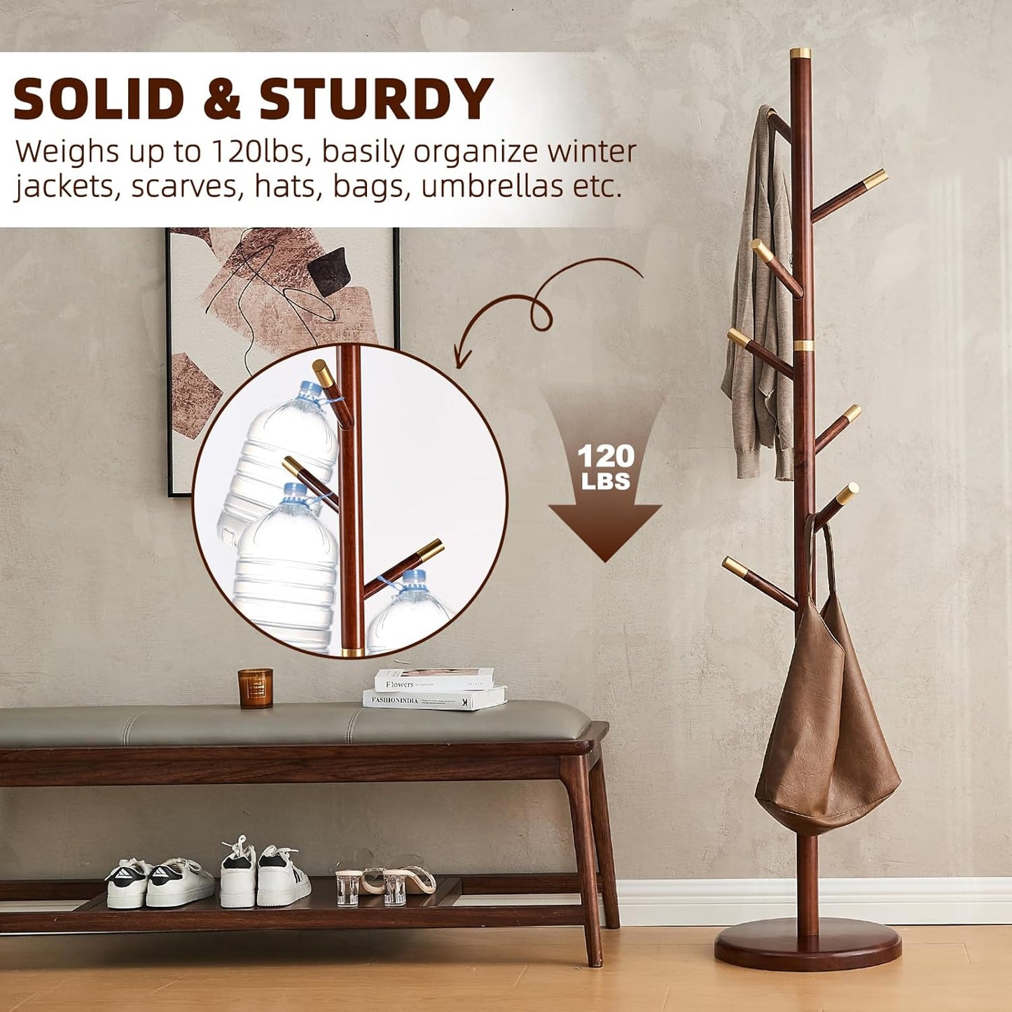 Uniclinens Coat Rack Freestanding Solid Wood Coat Tree Standing with 7 Hooks, Coat Rack Stand Creative Tree Branch-look (Walnut)