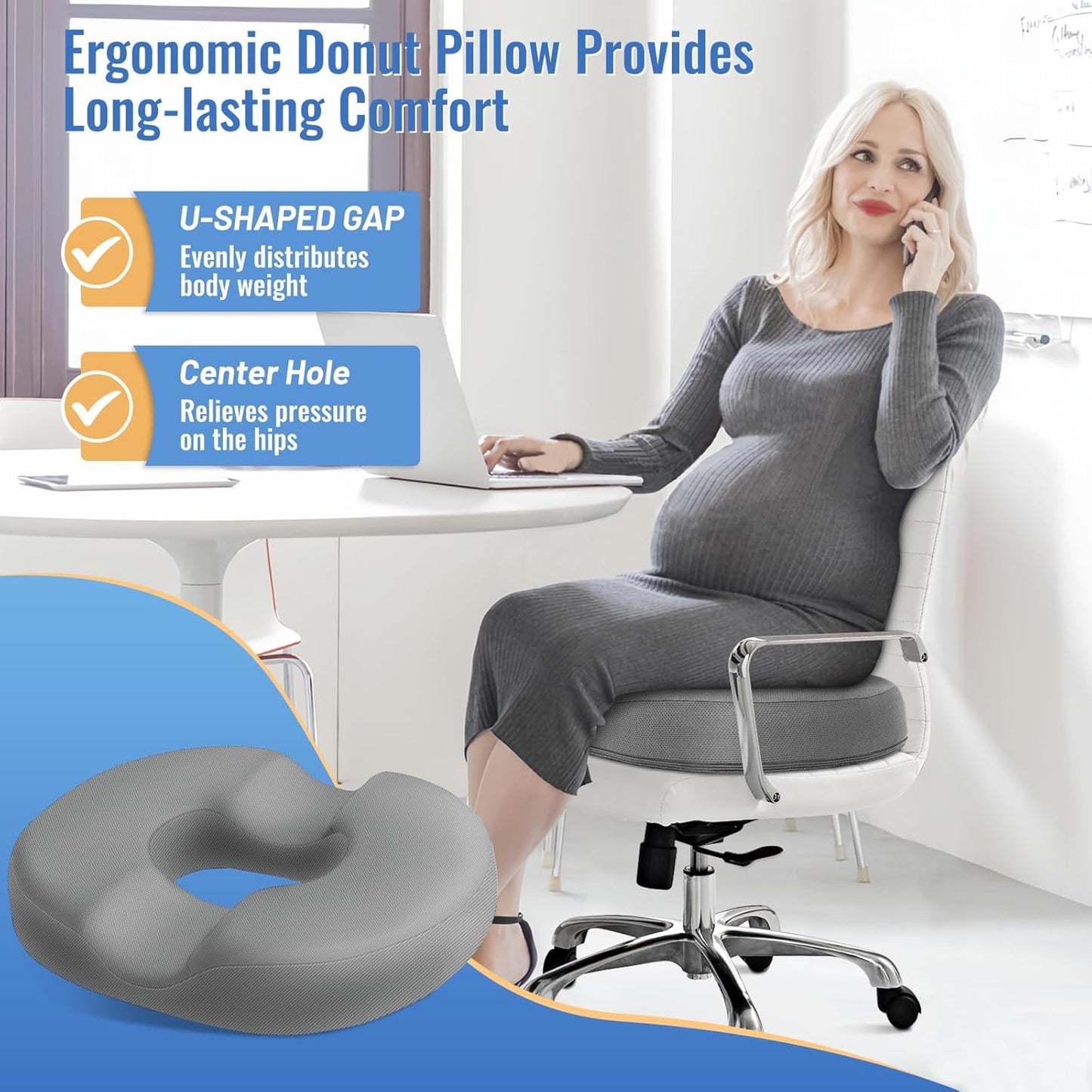 CloudBliss Donut Pillow Seat Cushion Chair Pad for Tailbone Pain Relief and Hemorrhoids, Memory Foam Seat Chair Cushion for Men and Women for Home & Office, (Light Grey-XL)