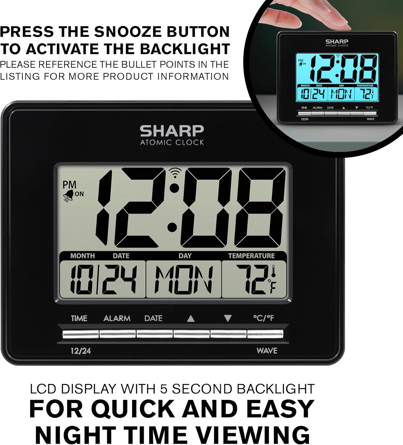 Sharp Atomic Desktop Clock – Auto Set Digital Alarm Clock - Atomic Accuracy - Easy to Read Screen with Time/Date/Temperature Display- Perfect for Nightstand or Desk