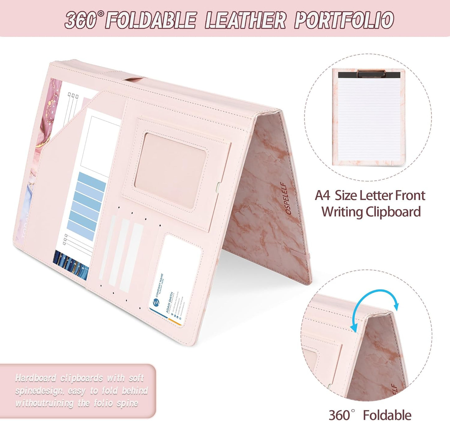 Ospelelf Pink Padfolio for Women Storage Clipboard Folio with Notepad Leather Portfolio Binder for Teacher