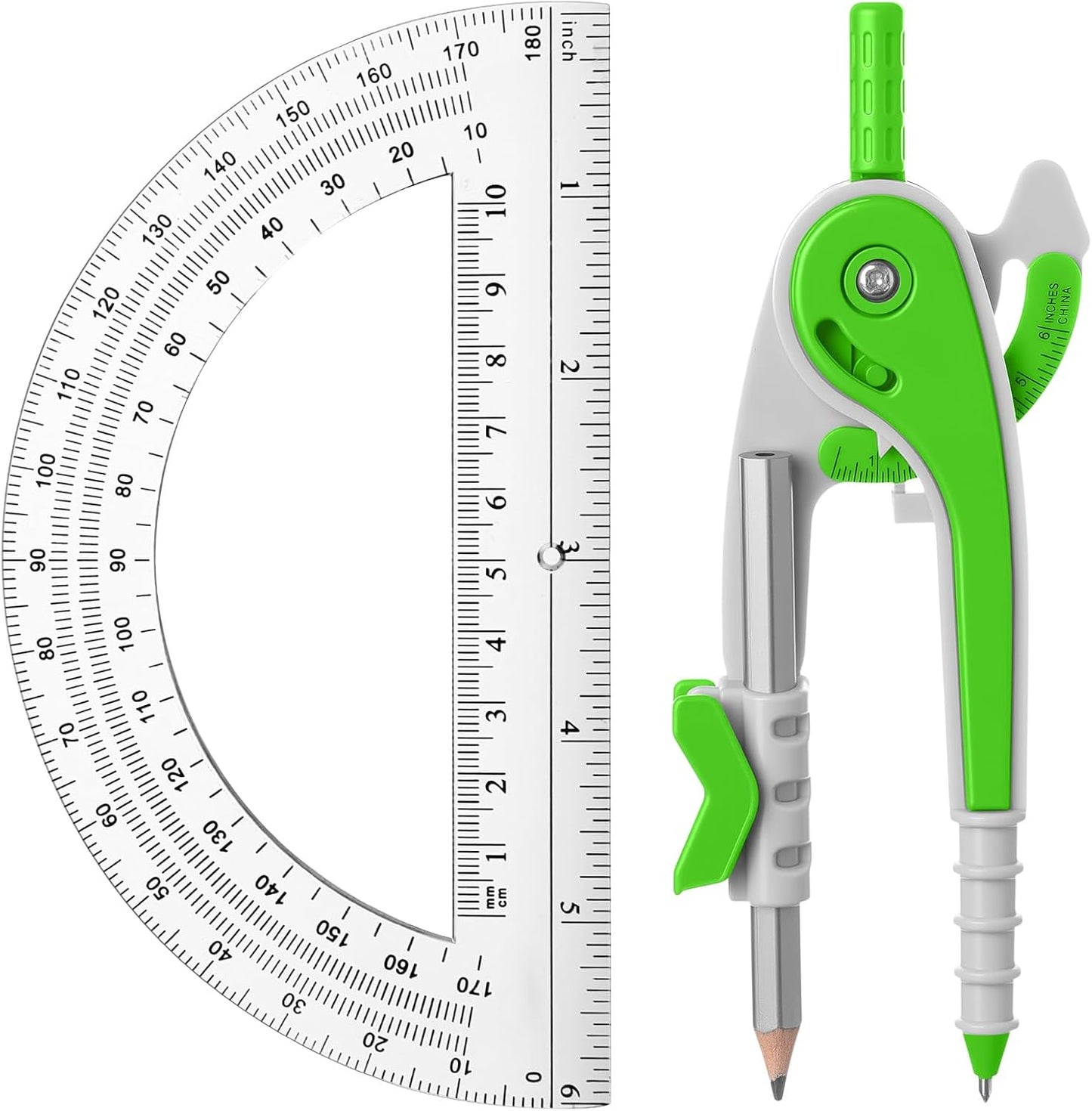 EBOOT Student Geometry Math Set, Drawing Compass and 6 Inch Clear Swing Arm Protractors 180 Degree Math Protractor (Green)