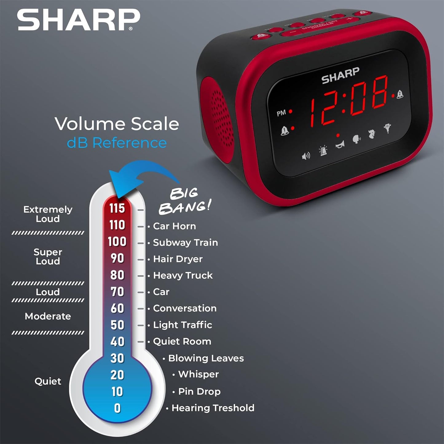 Sharp Big Bang Super Loud Alarm Clock for Heavy Sleepers, 6 Extremely Loud Wake Up Sounds: Rooster, Bugle, Nagging Mom, Jackhammer, Siren, Beep – Up to 115db Volume, Red/Black with Red LED Display