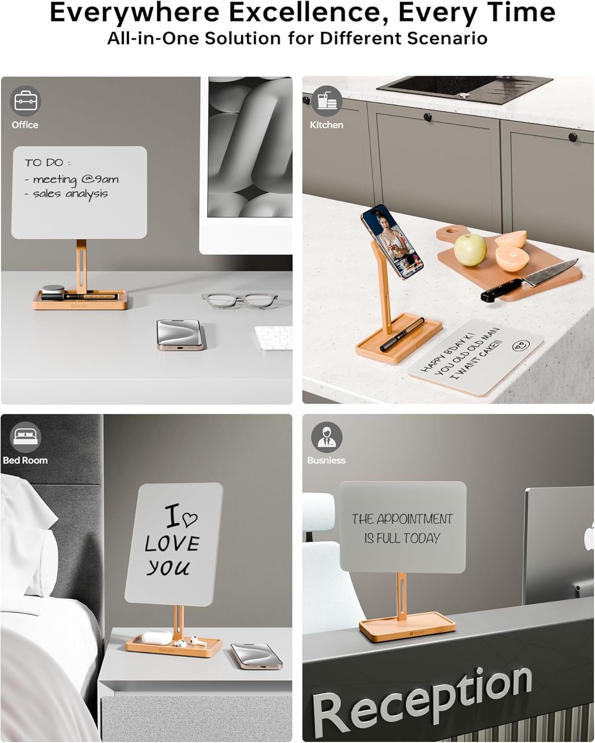 YEOUX Premium Desktop Glass Whiteboard & Magnetic Phone Stand 2-in-1 | 360° Adjustable | Solid Wood | MagSafe Compatible, Small Dry Erase Board for Office Home Desk