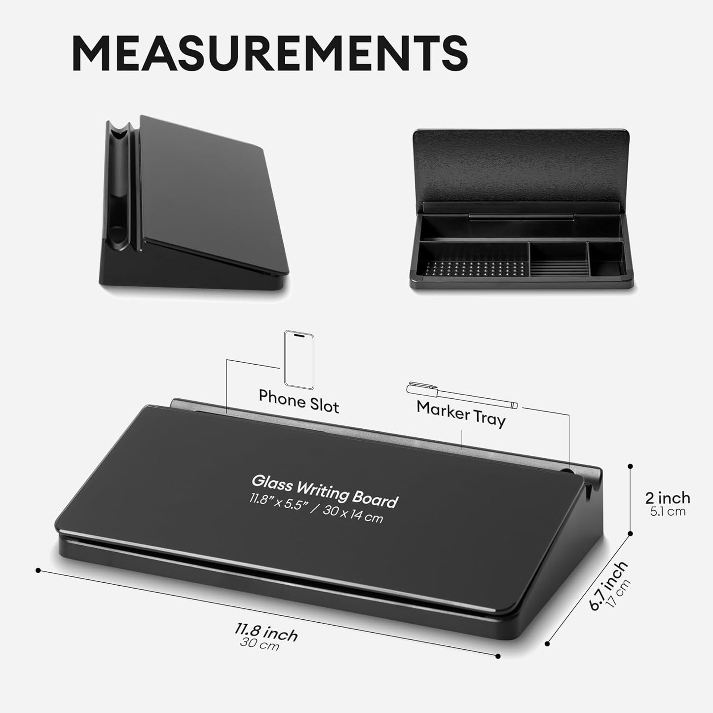 Glass Desktop Whiteboard with Storage 12"x6.5", Black Glass Desk Dry Erase Board Writing Board w. 4 Liquid Chalk Markers,1 Eraser Monitor Memo Board, Home Office Essentials
