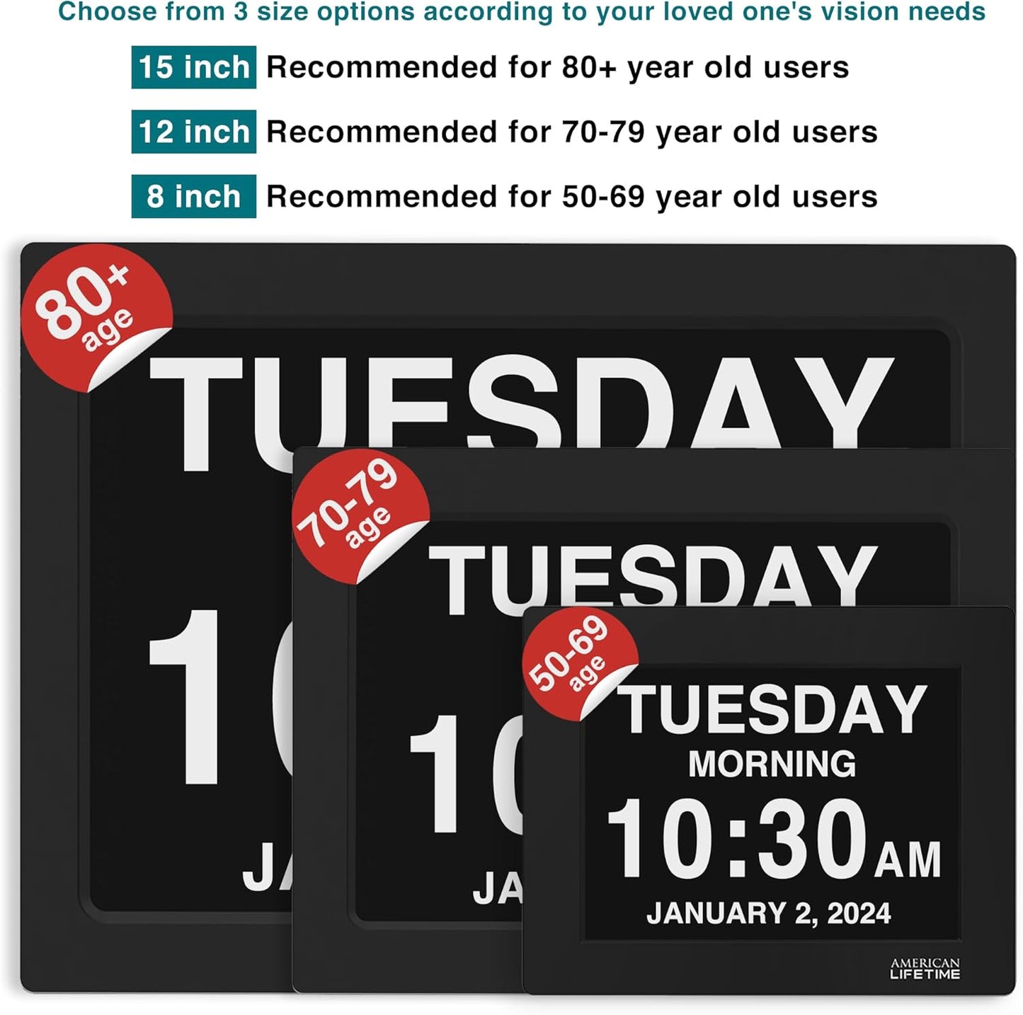 American Lifetime New 2025 Dementia Clock Large Digital Clock for Seniors, Alzheimer Clock Large Display with Custom Alarms, Clock with Day & Date for Elderly, Big Number Digital Calendar Black