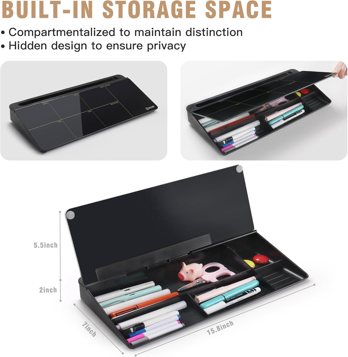 SELEAD Desktop Glass Whiteboard Weekly Planner Calendar with Organizer, Markers, Eraser, Holder - Small Dry Erase White Board TODO List Memo for Home, School, Office Desk Accessories - Black