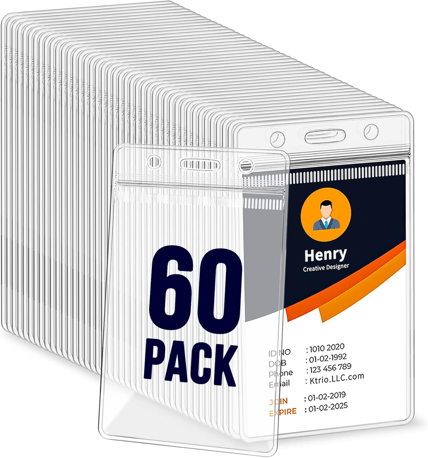 60 Pack ID Badge Holder - Vertical Badge Holder, 2.25" x 3.5" Clear Cards Holders for Lanyard, Plastic Sealable Waterproof, Name Tag Holder for Nurses, Office, and School