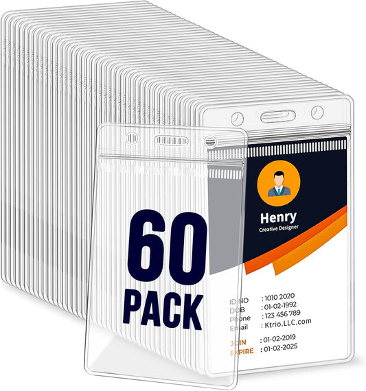 60 Pack ID Badge Holder - Vertical Badge Holder, 2.25" x 3.5" Clear Cards Holders for Lanyard, Plastic Sealable Waterproof, Name Tag Holder for Nurses, Office, and School