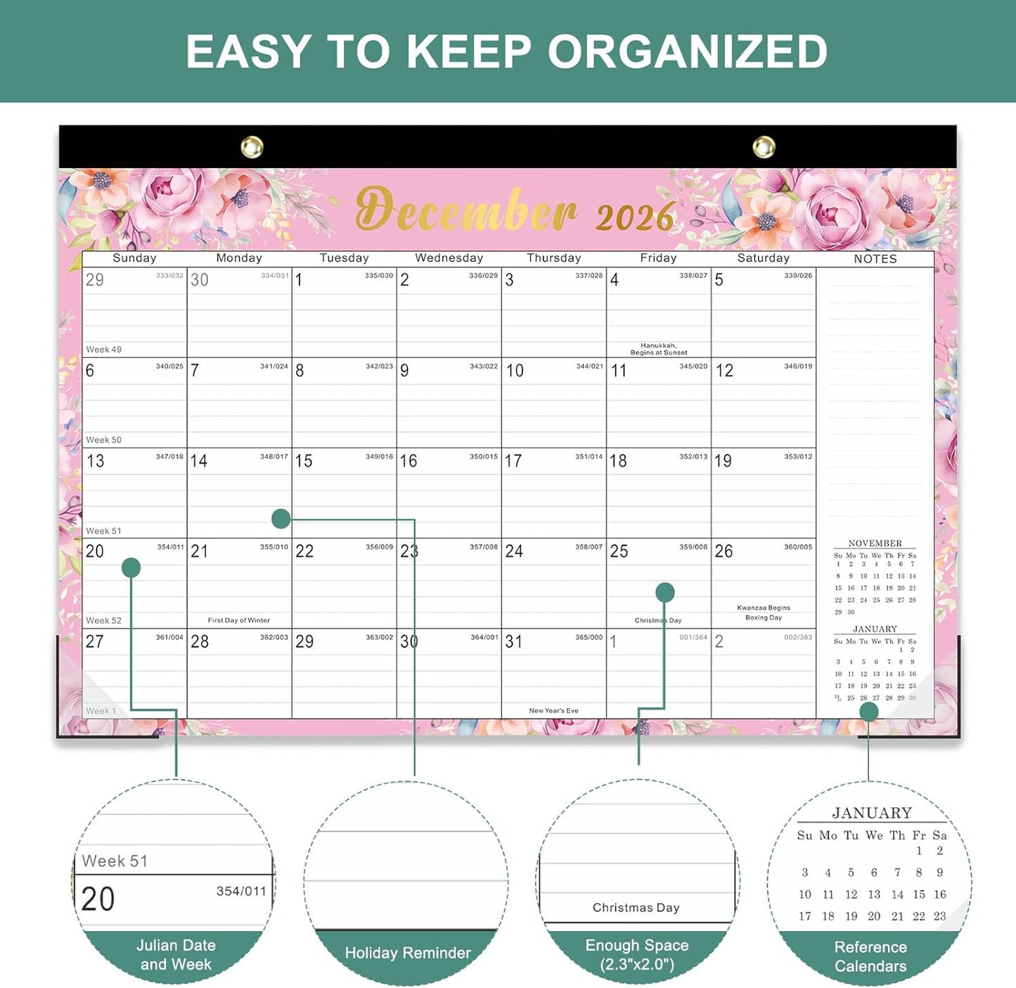 Lbylyhxc Desk Calendar 2025 - 2026, Monthly Calendar 2026, 18-Month School Year Calendar, July 2025 to December 2026, Monthly Large Desktop/Wall Calendar for Teacher with Corner Protectors 17" X 12" (Desk Calendar Flowers, 17x12 inches)