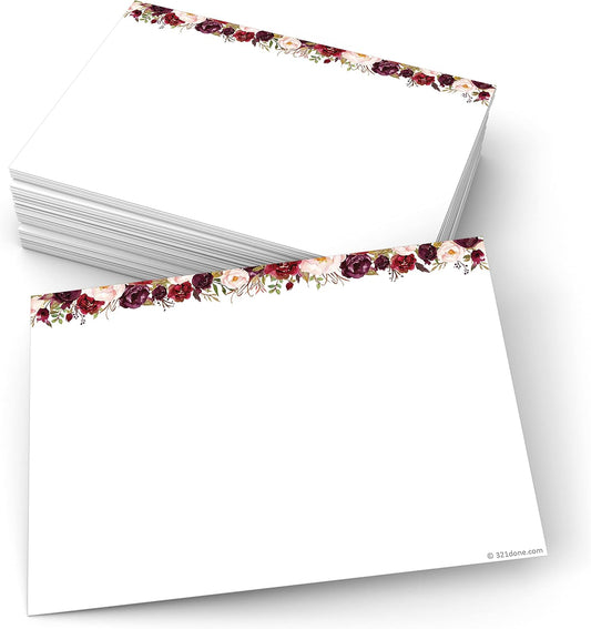 321Done Red Roses Index Cards - 5x7 Cardstock, White (Set of 50) - Blank, No Lines - For Studying, Learning, Flashcards, Notes, Messages, Notecards, Greeting Card Making - Pretty Floral - Made in USA