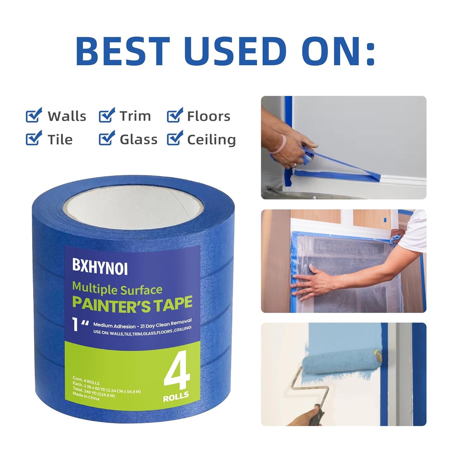 Painters Tape,1 in.W X 60 yd,4 Rolls (240yds),Blue Masking Tape for Walls,Paint