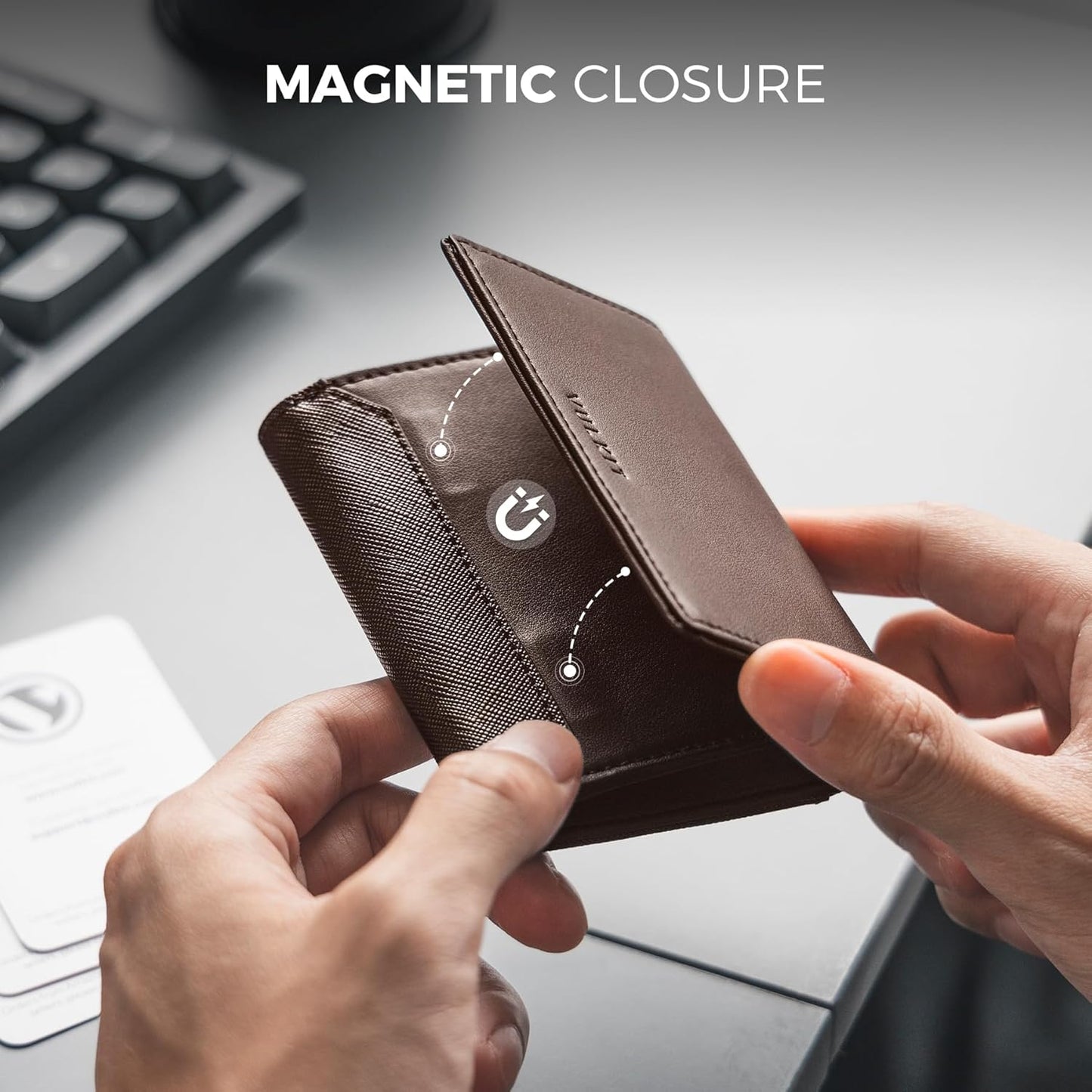 VULKIT Business Card Holder Premium Leather RFID Blocking Card Case With ID Window Magnetic Closure Holds Up to 40 Business Cards