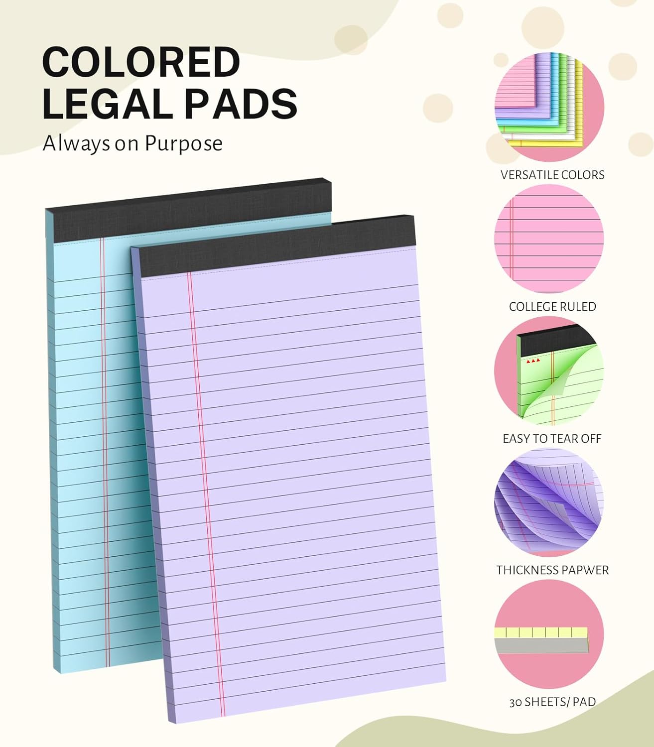 Small Legal Pads 5x8 Colored, Note Pads 5x8, 24 Pack Perforated Pink Legal Pad College Ruled, 30 Sheet/Pad, Lined Paper Pads 5x8 Notebook Pad, Mini Purple Legal Pads 5x8 for Study, Office, Home