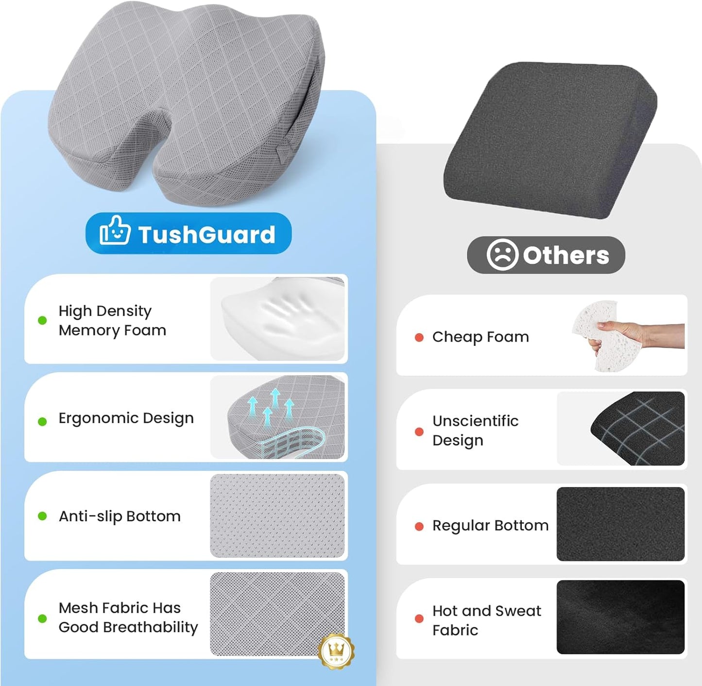 TushGuard Office/Car Seat Cushion, Non-Slip Sciatica & Back Coccyx Tailbone Pain Relief Chair Pad, Memory Foam Butt Pillow for Computer Desk, Wheelchair, Driving (Light Grey, XX-Large)