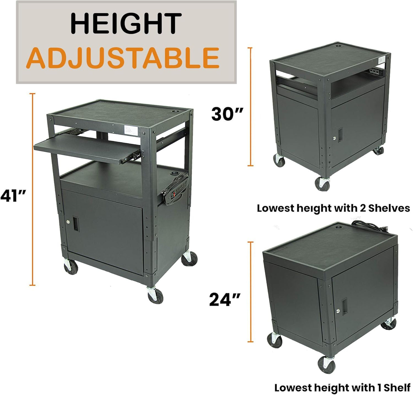 Height Adjustable Steel Frame AV Cart with Keyboard Tray - Comes with Locking Cabinet and 5ft 9in Power Strip Black