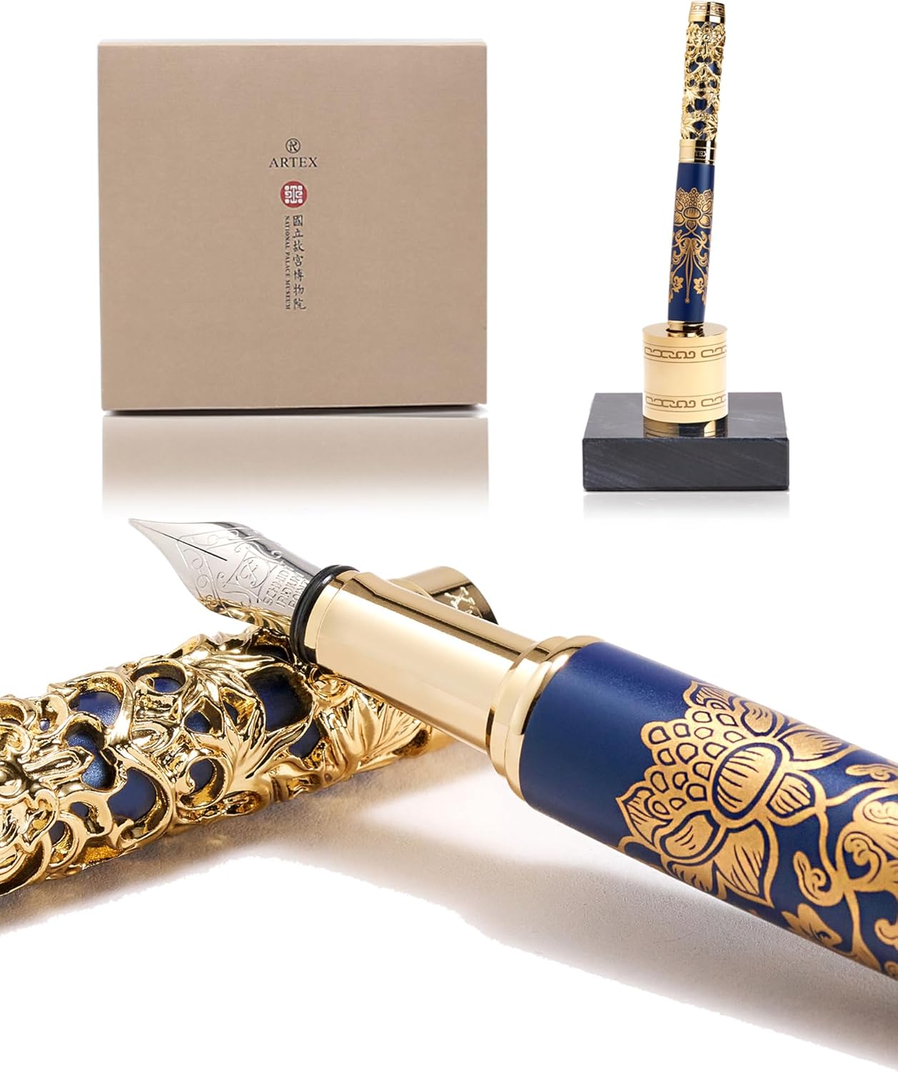 Luxury Fountain Pen Set With Stand - Museum Art Collections - Crafting Timeless Beauty - the Best Gift & Office Desk Decor, German SCHMIDT Fine Nib, Solid Metal & Marble Texture