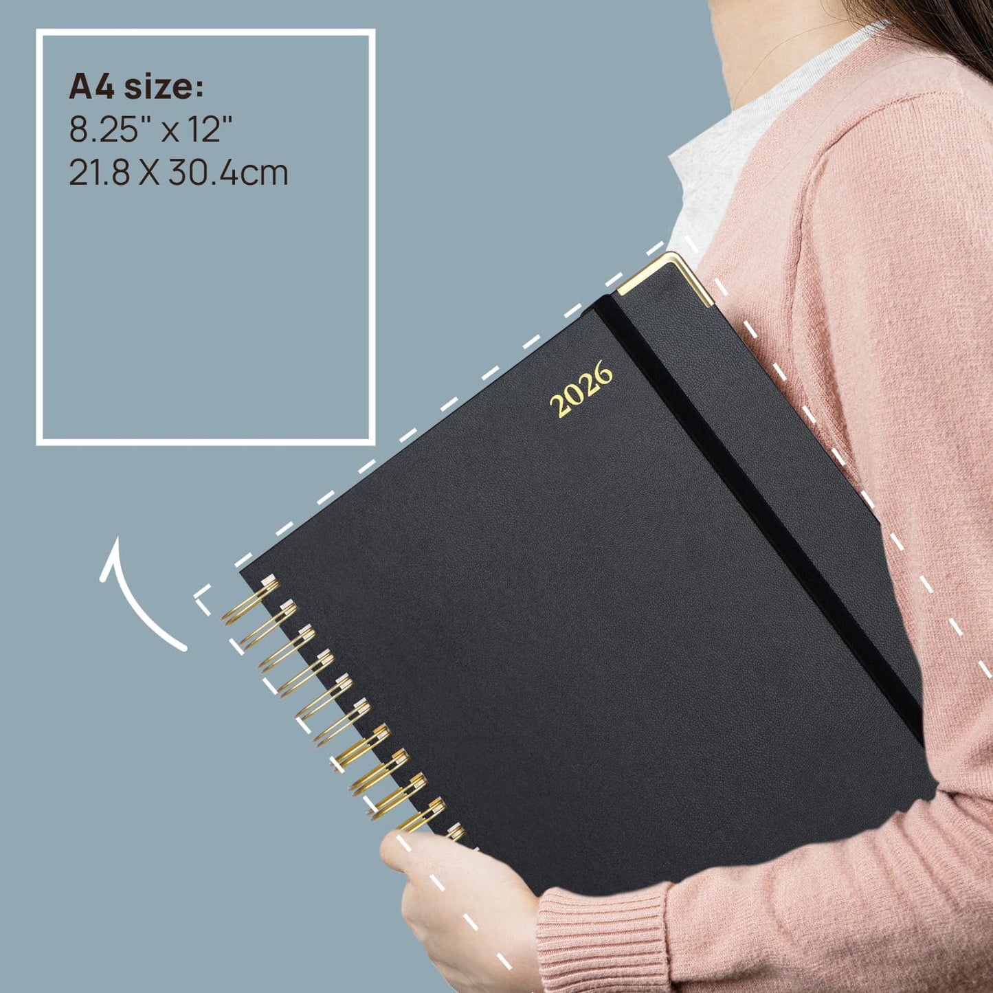 POPRUN 2026 Daily Planner One Page A Day - [A4 Large Size 8.25" x 12" -Spiral Hard Cover], Agenda 2026 Hourly Appointment Book with Monthly Calendar, Pen Holder, Ivory Paper -Navy Blue