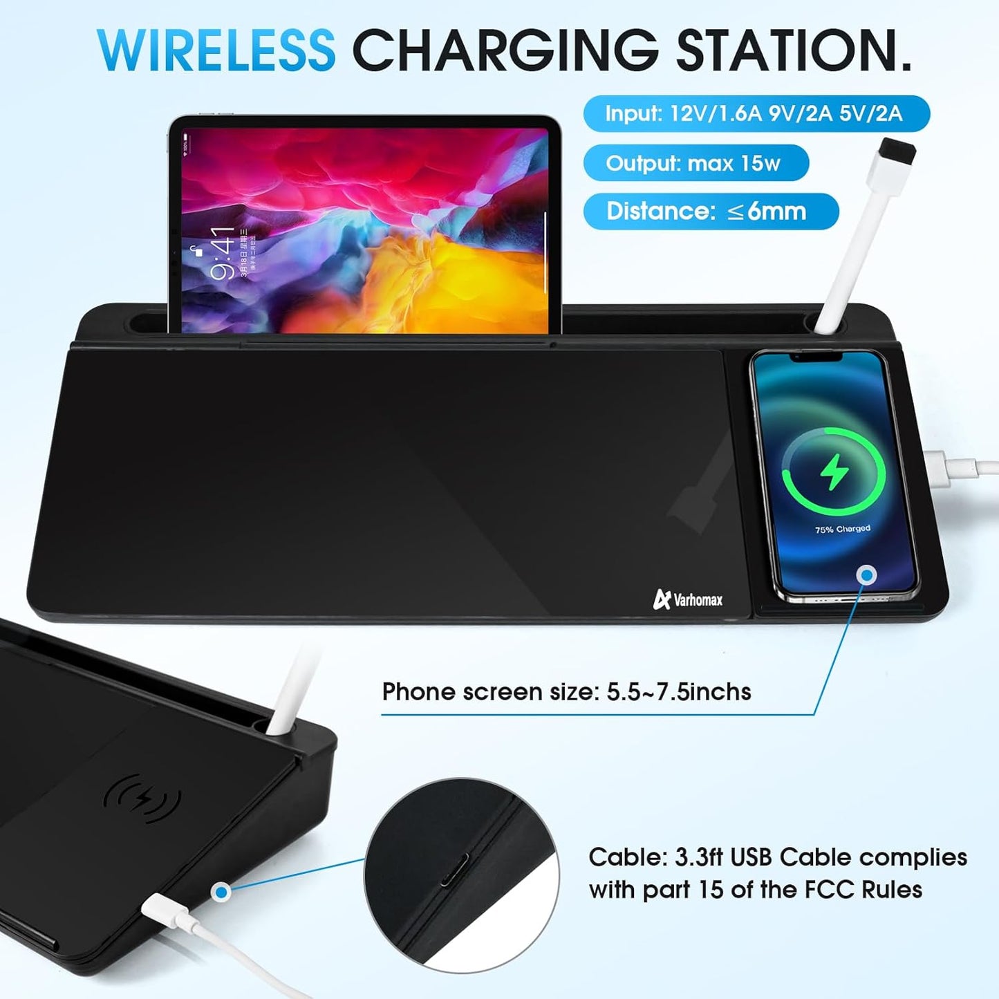 Varhomax Glass Desk Whiteboard Black with Wireless Charger, Desktop Dry Erase White Board with Storage,to Do List Memo Notepad for Home and Office