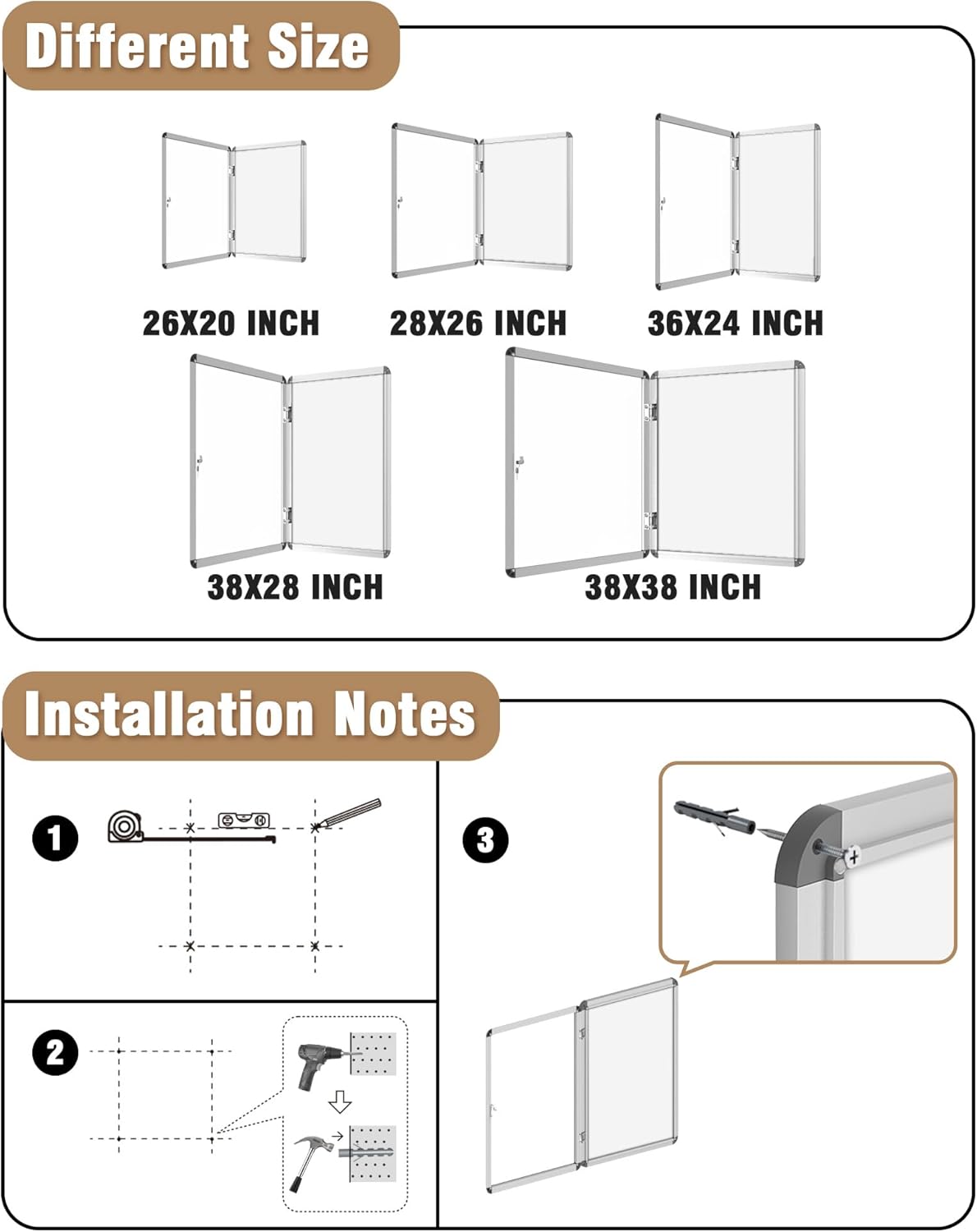 38"x38" Enclosed Bulletin Board, Lockable Weather-Resistant Aluminum Noticeboard for School & Office, Silver Frame w/Magentic Whiteboard