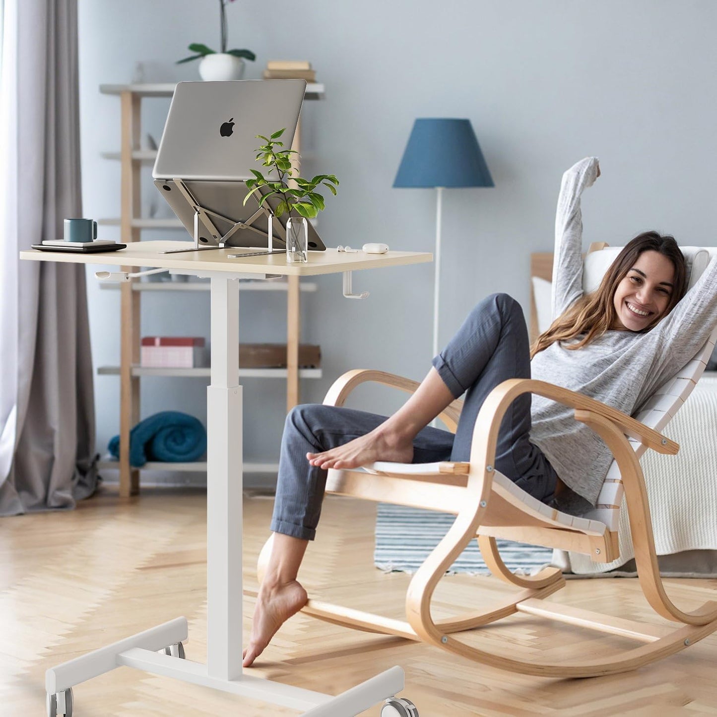 Mobile Small Standing Desk, Gas Spring Adjustable Height Rolling Portable Laptop Desk with Lockable Wheels, Computer Workstation, Rolling Podium (Maple Top + White Frame, 18 * 26)