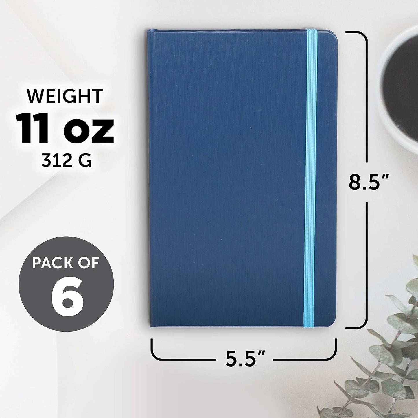 DISCOUNT PROMOS Hardcover Notebook Journals with Elastic Colored Band Set of 6, Bulk Pack - Perfect for School, Office, Home - Blue