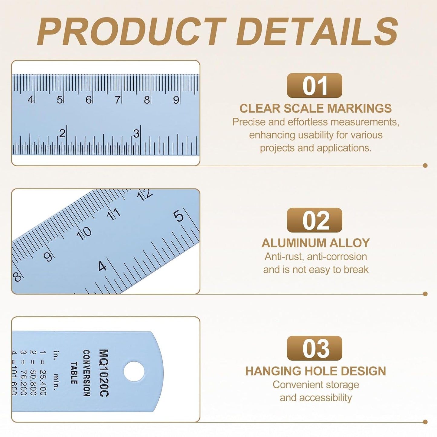 HARFINGTON 2pcs Metal Straight Ruler 30cm Metric SAE Aluminum Alloy Measuring Rulers Scale Tool with Hole for Measure Study Reading Classroom Office, Light Blue