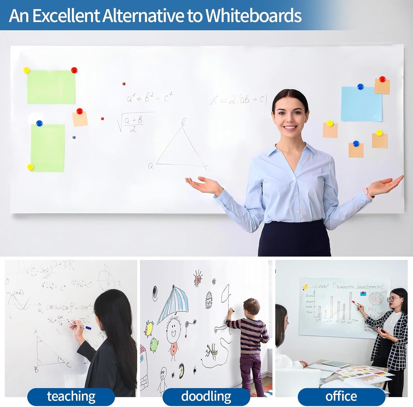 Magnetic Dry Erase Whiteboard 40"x18" - Self-Adhesive Flexible Wall Board Kit with 11 Markers, 6 Magnets, Magnetic Eraser & Holder - Ultra Smooth Writing,Effortless Clean for Office, Home, School