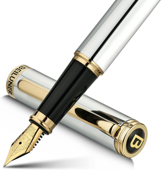 BEILUNER Silver Chrome Fountain Pen,Stunning Luxury with 24K Gold Accents, Gorgeous 24K Gilded Nib(Medium), Fancy Pen Gift for Men&Women -Ink Converter-Elegant, Office,Nice Pen for Writing