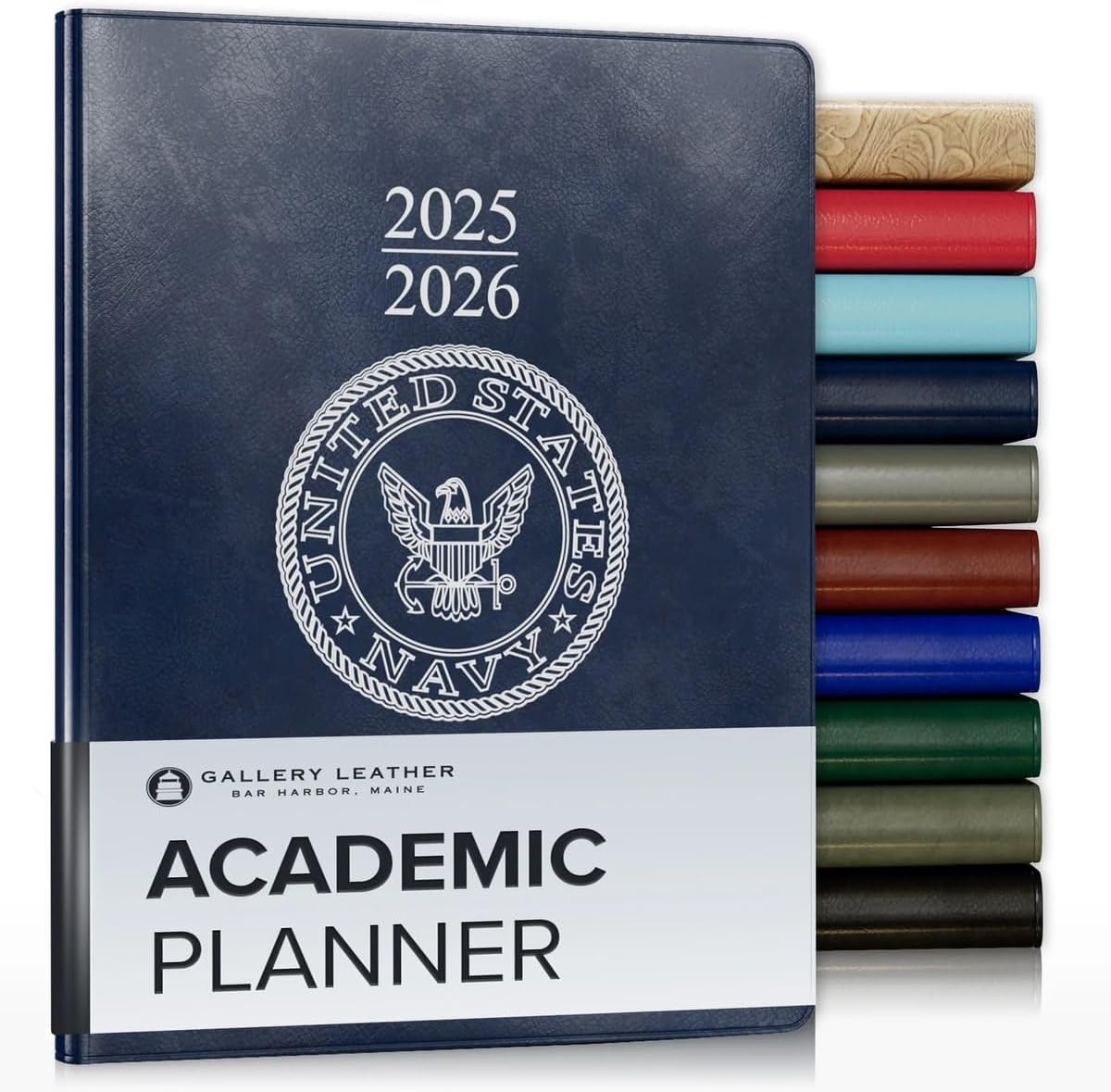 Gallery Leather Academic Planner 2025-2026, Teacher and Student Weekly Monthly Planner, Elegantly Bound Calendar with Gold-Gilded Page Edges, 18 Months - Acadia Navy - US Navy - 9x7"